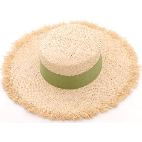 Summer wide brim Lafite straw hairline flat-top eaves straw hat multi-color ribbon Lafite straw flat-top hat beach straw hat