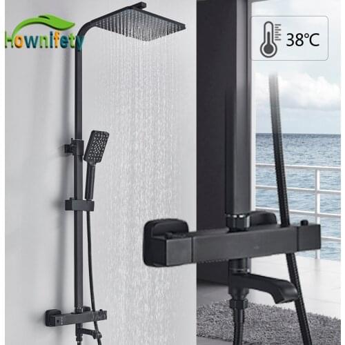Black Chrome Thermostatic Shower Faucet Hot Cold Mixer Rainfall Shower Head Wall Mount Bathroom Shower Systems Set Taps