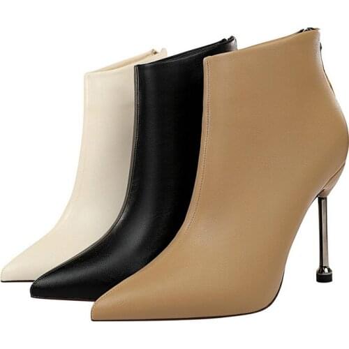UMMEWALO Ankle Length Boots Women Fashion Pointed Toe Thin Heels High Heel Shoes Winter Ankle Boots Ladies Shoes 663-7