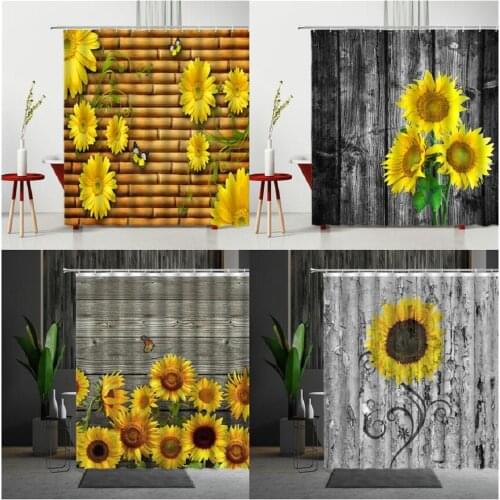 Spring Scenery Bath Curtains Sunflower Wood Grain Pattern Shower Curtain Household Products Bathtub Decoration Multiple Size