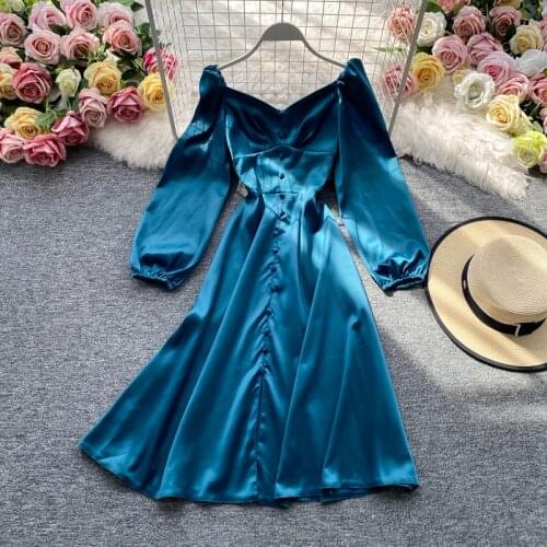 Vintage Green/Blue Knee-length Dress Casual Long Sleeve High Waist Single-breasted Dress Female Autumn New Fashion Vestidos 2021