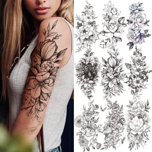 Beauty Rose Temporary Tattoos For Women Girls Adult Tiger Fake Peony Flower Tattoo Sticker Black Carnations Orchid 3D Tatoo Sexy