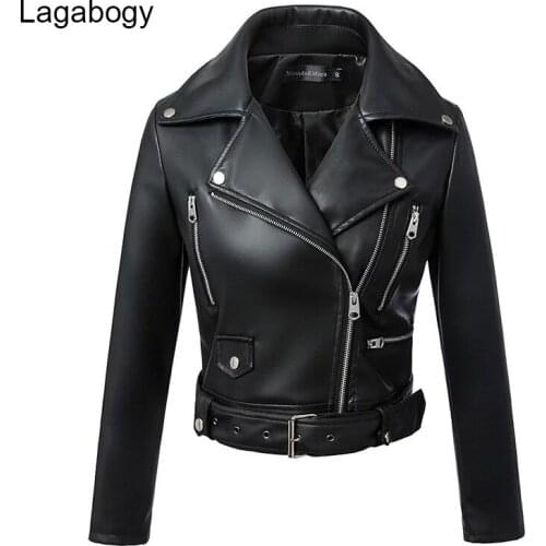 New Autumn Winter Women Faux Leather Jacket Zipper With Belt Short Coat Female Black Motor Biker Pu Leather Outwear