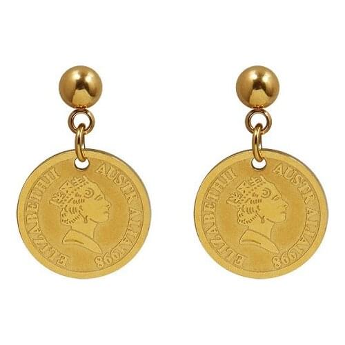 2021 Retro Queen Head Pattern Gold Coin Earrings Ladies Stainless Steel Plated 18K Gold Dangle Earrings For Women Girls Gift