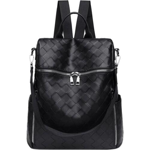 Fashion Backpack Women 2021 New Woven Pattern PU Leather Leisure Travel Backpacks High Quality Ladies Bag Pack Black Green Red