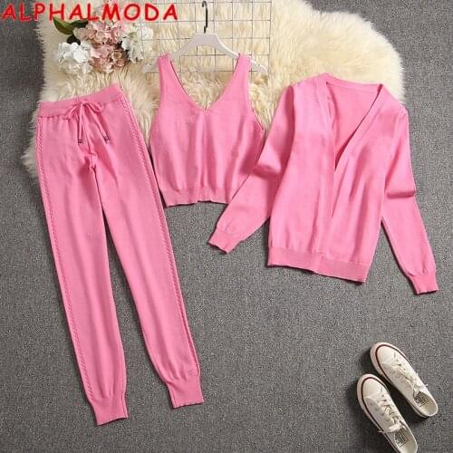 ALPHALMODA 2020 New 3pcs Knitting Suit Long-sleeved Cardigans Tank Top Pants Women Fashion Solid Lounge Set Casual Tracksuits