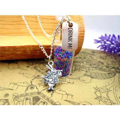12pcs/lot Drink Me necklace alice in wonderland Mr rabbit necklace 2ml glass bottle (inside:9 colors)