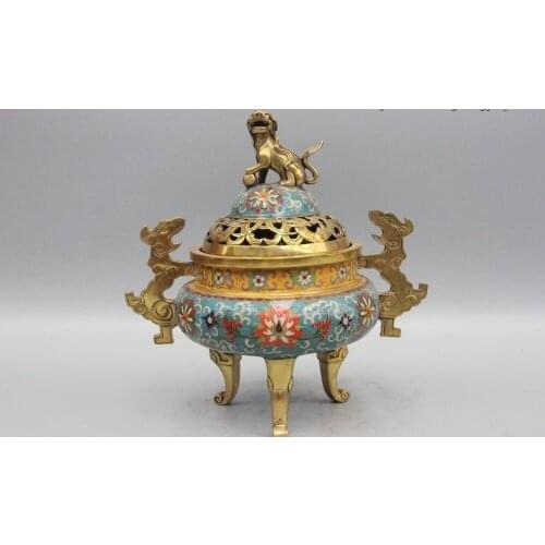 13" Tibetan Buddhism Bronze Cloisonne Foo Dog Lion Dragon Incense Burner Censer
