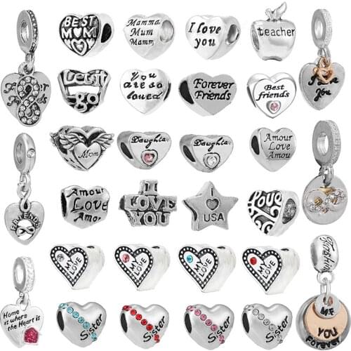 2Pcs Gigantic Forever Love Teacher Friend Beads Charm Pendant Fit DIY Silver Color Bracelets Bangles For Women Jewelry Making