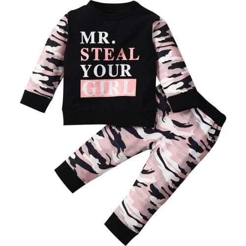 2021 0-24M Fall Infant Girl Clothes Set Letter Print Patch Long Sleeve O Neck Sweatshirt+Camouflage Pants Casual Outfits 2pcs