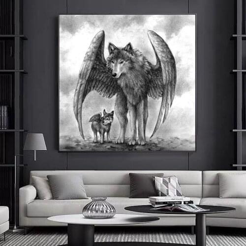 Abstract Wolf with Wings and Baby Wolf Posters and Prints Canvas Paintings Wall Art Pictures for Living Room Decor No Frame