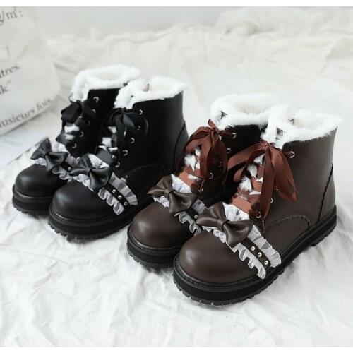 Plus Velvet Sweet Martin Boots Lolita Round Head Keep Warm Shoes Thick Bottom Cute Kawaii Bowknot Shoes Loli Cute Ruffle Booties