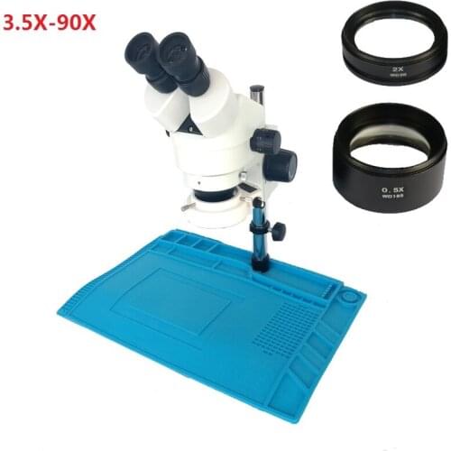 3.5X-90X Magnification binocular Stereo Zoom Microscope Smartphone Motherboard Repair with 0.5X 2.0X Objective lens+silicone mat