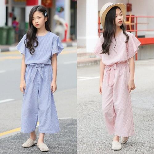 Korean style Summer Teen Girls Suit Striped Wide Leg Trousers Fashion Two-piece Kids Girls Clothing Set