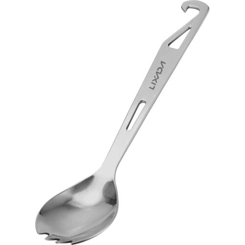 Lixada 2 in1 Outdoor Stainless Steel Spoon Camping Tableware Bottle Opener Picnic Dinner Titanium Spork Fork for Travel Kitchen