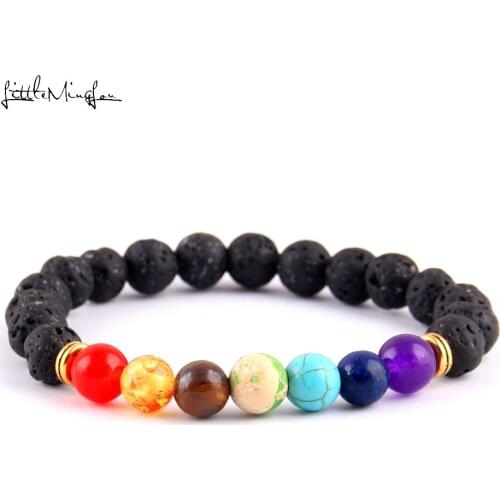 Little MingLou 7 Chakra Bracelet Men Black Lava Healing Balance Beads Reiki Buddha Prayer Natural Stone Yoga Bracelet For Women