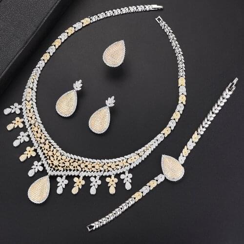 Blachette Trendy Indian 4PCS For Women Waterdrop CZ Collar Necklace Earrings Bracelet Ring Dubai Jewelry Sets Wedding Banquet