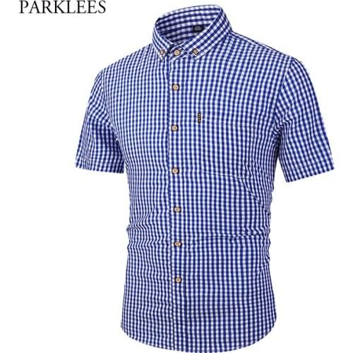 Small Plaid Button Down Shirt Men 2019 Summer New Short Sleeve Slim Fit Mens Dress Shirts Casual Checks Gingham Chemise Homme