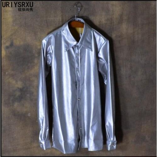 S-3xl 2018 Autumn New Korean Mens Casual Long-sleeved Shirt Tide Slim Fashion Leather Shirt Dress Singer Stage Costumes
