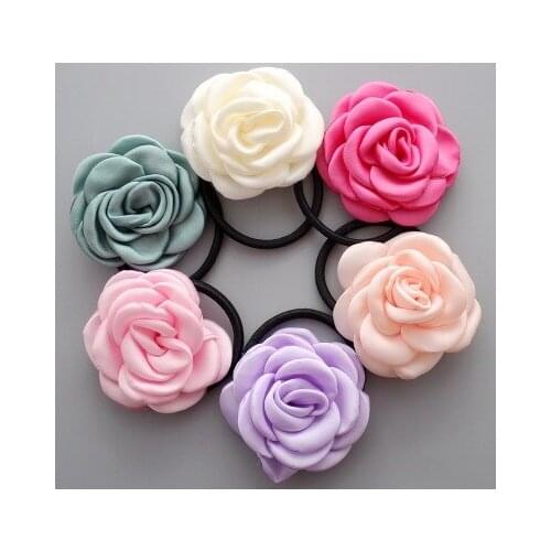 Newest Korean curled satin rose Flower With hair tie girl women Hair band 30pcs/lot Free shipping