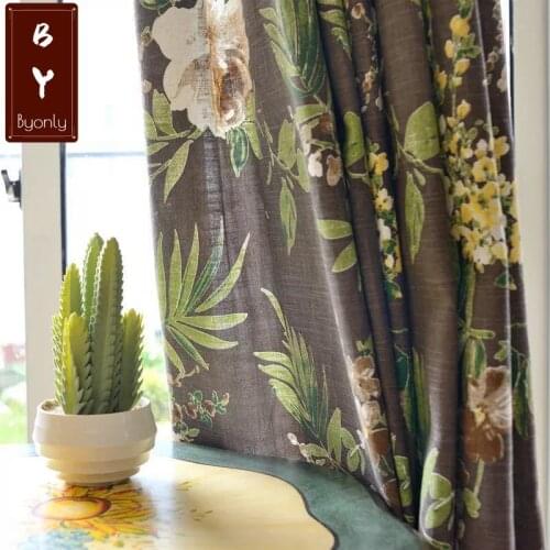 New Flower and Leaf American Country Dark Coffee Color Cotton and Linen Semi-shading Living Room Bedroom Study Curtain Custom
