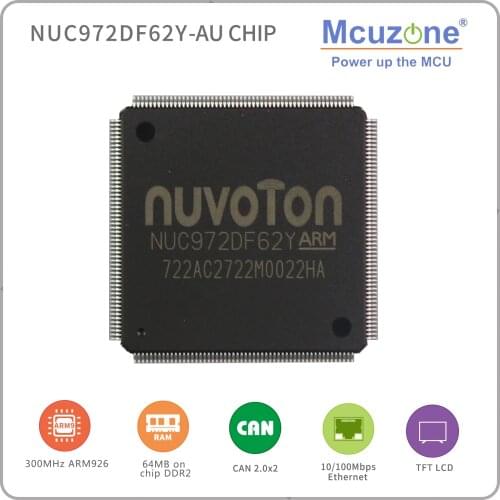 NUC972DF62Y, NUVOTON ARM926 core based Soc, with on chip 64MB DDR2, 2*CAN,8*UART,USB, LCDC, CMOS interface, codec