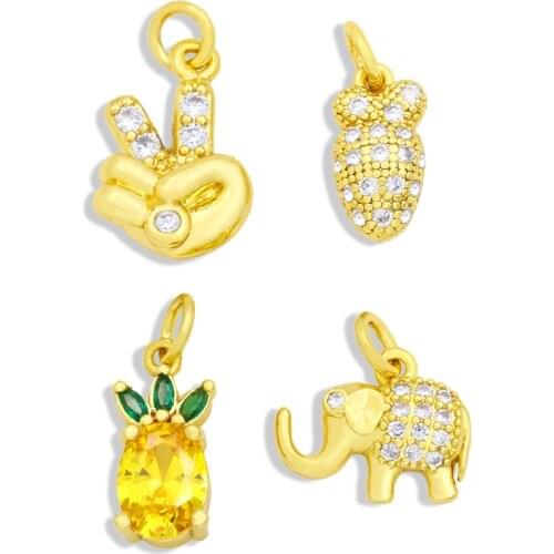 OCESRIO CZ Gold Plated Brass Kawaii Small Thumbs Up Elephant Friut Earrings Charms for Bracelet Jewelry Making Supplies chma051