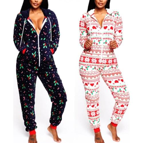 Autumn Winter Christmas Printed Pajamas Jumpsuits Women Casual Long Sleeve Hooded Zipper Cotton Sleepwear Warm Homewear