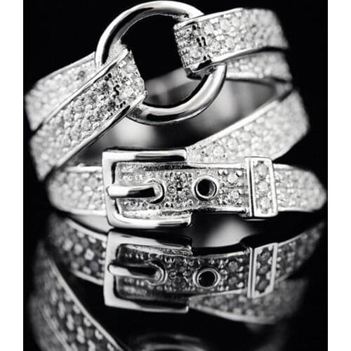 Adjustable Silver Color Belt Shape Band Ring Crystal Zircon Stone Fashion Jewelry for Women Party Valentines Day Gift