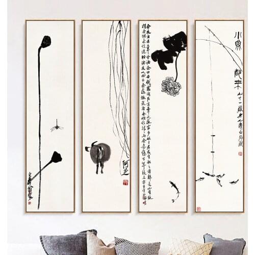 Chinese style canvas painting ink art combination decorative painting Chinese painter Qi Baishi large-scale vertical art mural