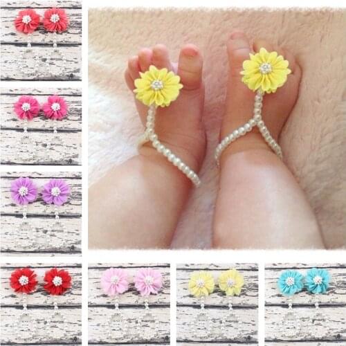 7 Colors Newborn Baby Girls Pearl Barefoot Sandals Chiffon Flower Shoes Infant Foot Decoration DIY Children Photography Props