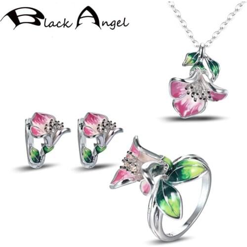 BLACK ANGEL Silver Green Leaf Pink Enamel Morning Glory Clip Earrings Necklace Ring For Women CZ Fashion Christmas Jewelry Set