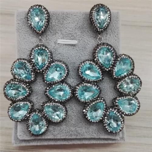 Light blue sea blue water drop translucent crystal rhinestone big luxury exaggerate long Drop dangle Earrings for women girl
