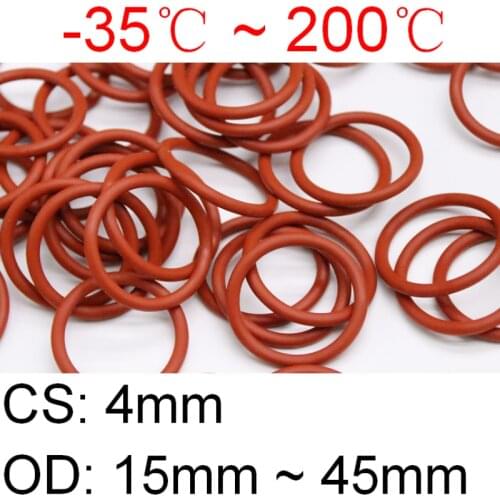 50pcs VMQ O Ring Seal Gasket Thickness CS 4mm OD 15 ~ 45mm Silicone Rubber Insulated Waterproof Washer Round Shape Nontoxi Red