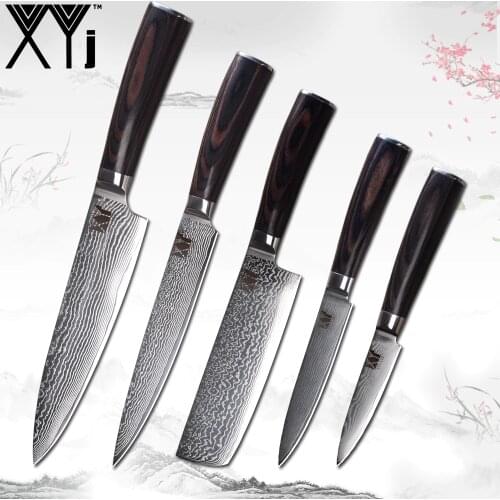 XYj Professional Damascus Kitchen Knives Color Wood Handle 5 Pcs Set 67 Layers VG10 Japanese Steel Blade Cooking Chef Knives
