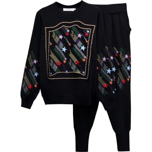 2020 Autumn Knitted 2 Piece Set Women Outfits Long Sleeve Tops+Leg Pant Suits Tracksuit Knit Casual Female Clothing Embroidery