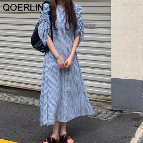 QOERLIN Drawstring Puff Sleeve Blue Plaid Dress Women French Retro Loose Slit Long Ankle-Length Shirt Dresses Robe Femme Vestido