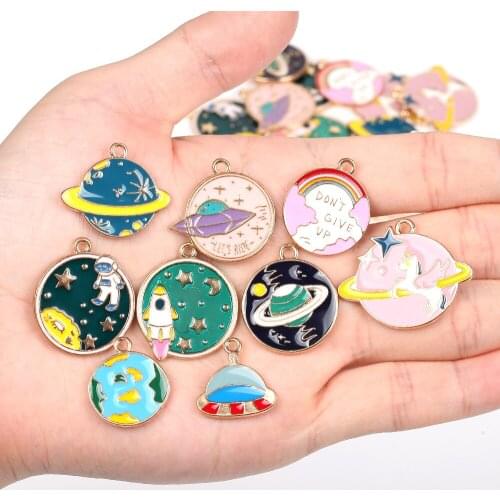 10pcs Enamel Alloy Metal Drop Oil Charms Pendant Earth Planet Map UFO Accessory Necklace Bracelet Earring For Jewelry Making Diy