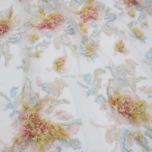 2019 3d flower embroid lace with pearls for wed dress lace HY1055-2