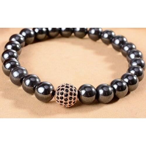 8mm mjy gold silver ball micro pave cz zircon cubic zirconia elastic thread adjusted black Magnetite Stone bead Bracelet