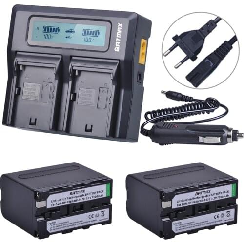 2pcs NP-F970 NPF970 NP-F960 Battery with LED Power Indicators+LCD Rapid Dual Charger for Sony F975 F970 F960 F950MC1500C