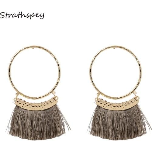 STRATHSPEY Bohemia Tassels Dangle Earrings Women Accessories Cotton Handmade Fringed Earrings Ethnic Jewelry Gold Color Circle