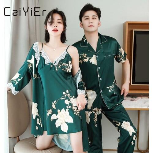 CAIYIER 2020 Lovers Silk Pajamas Set Flower Lace Sexy Robe + Nightdress Women & Men Nightwear Suit Fashion Colors Party Homewear