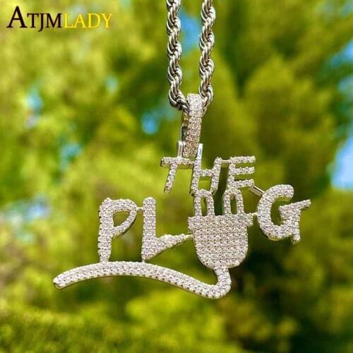 Iced Out Bling CZ Letter Pendant Shiny 5A Cubic Zirconia The Plug Necklace With Rope Chain Choker Hip Hop Jewelry For Men Boy