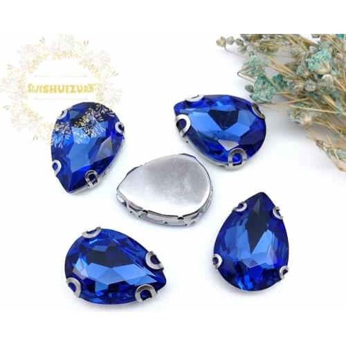 Best-selling!Light Sapphir Water drop shape Glass Crystal sew on rhinestones with D-SHAPE claw Diy Wedding dress and Shoe