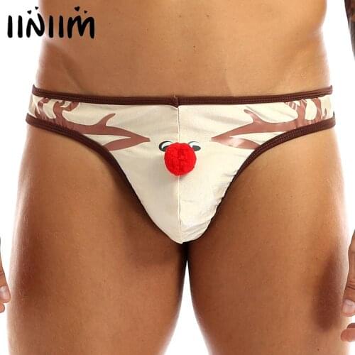 Iiniim Mens Christmas Party Lingerie Panties Low Rise Gay Bulge Pouch T-back Novelty Reindeer Costume Thong Briefs Underwear