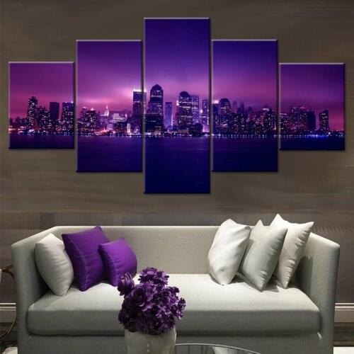 Purple Light City Night View 5 Panel Canvas Picture Print Wall Art Canvas Painting Wall Decor for Living Room Poster No Framed