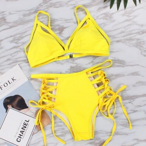 2019 Womens Sexy Solid Tie Side String High Waist Padded Wireless Bikini Set Bathing Suit
