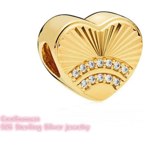 Summer 925 Sterling Silver Fan of Love Charm, Gold color & Clear CZ Beads Fit Original Brand Charms Bracelet DIY jewelry