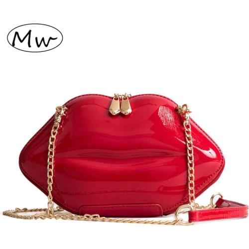 Moon Wood Fashion Lips Clutch Evening Bag 2019 Small Women Bag Patent Leather Chain Handbag For Girls Purse Wallet 5 Colors sac